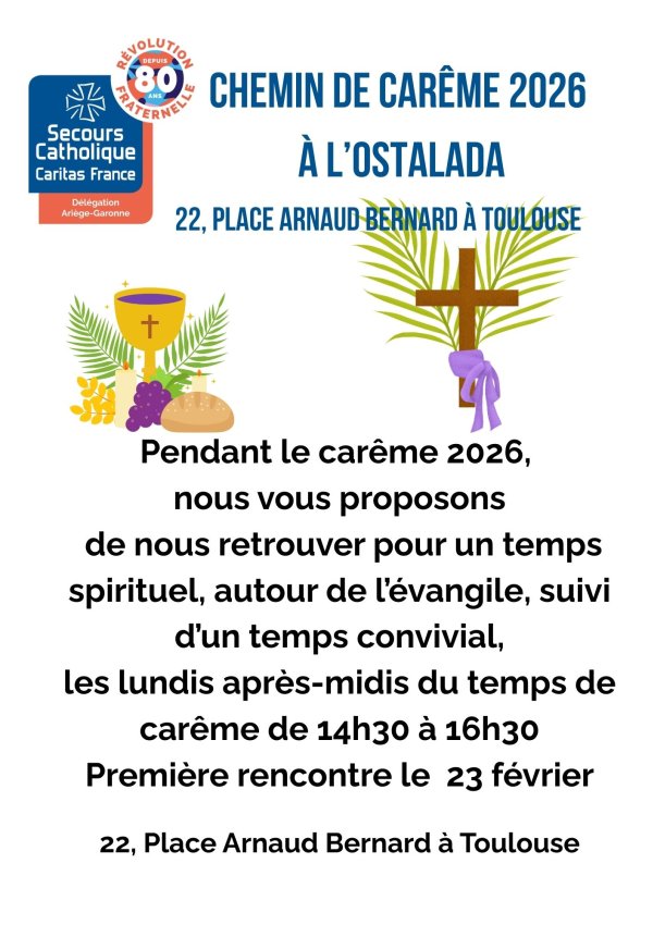 Chaque lundi du temps de carême, venez vivre un moment de spiritualité et de convivialité, à partir d'un texte de l'évangile. 
